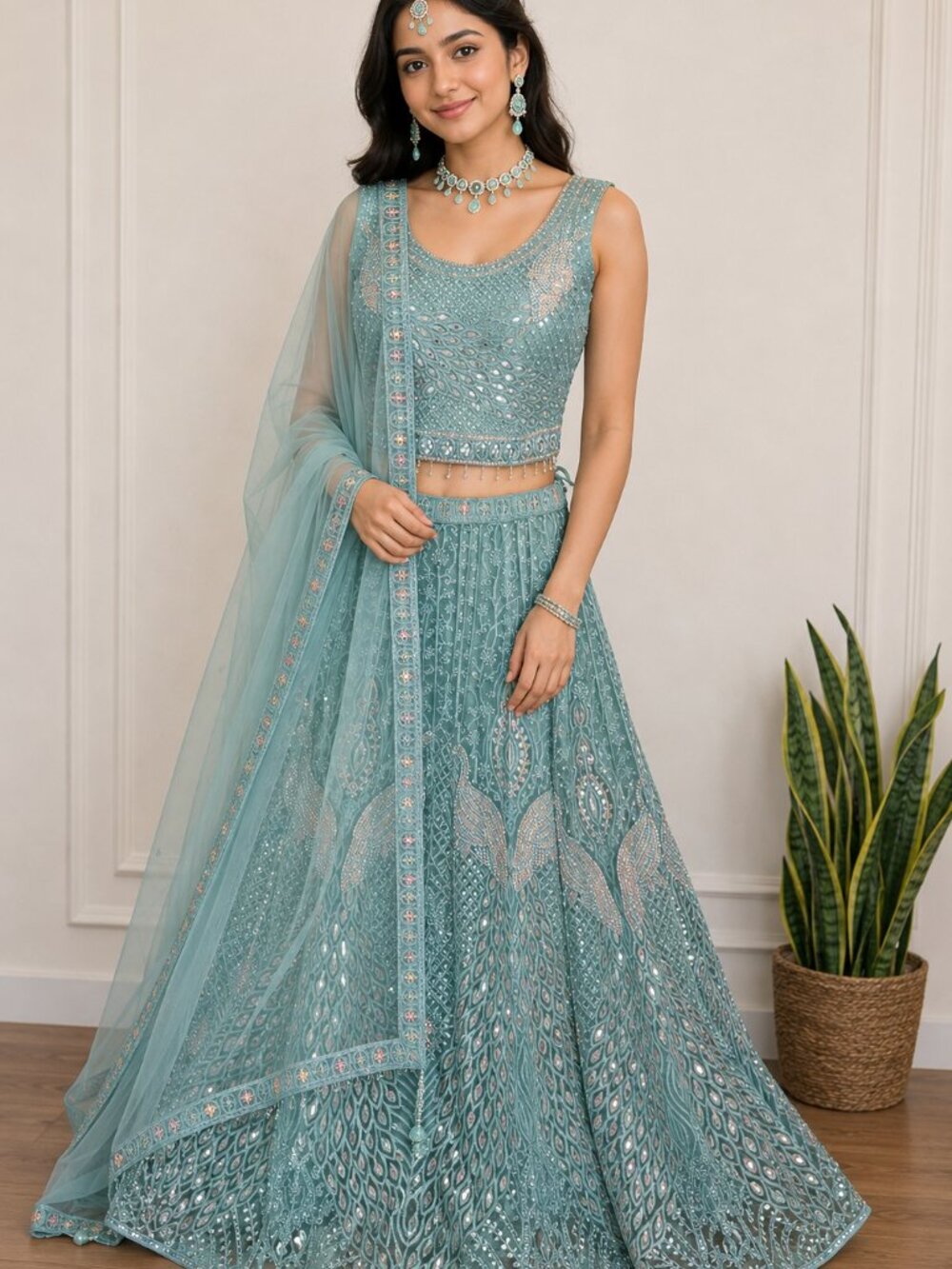 Elegant Mint Green Embroidered Lehenga Choli with Dupatta